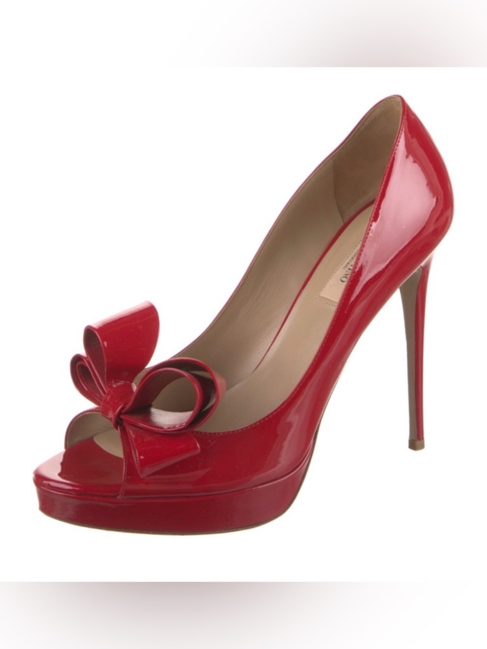 Valentino Garavani Red Patent Leather Bow Peep-Toe Stiletto Pumps